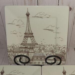 222 Fifth CITY SCENES Sepia Appetizer/dessert PARIS Eiffel Tower Plates Lot 4